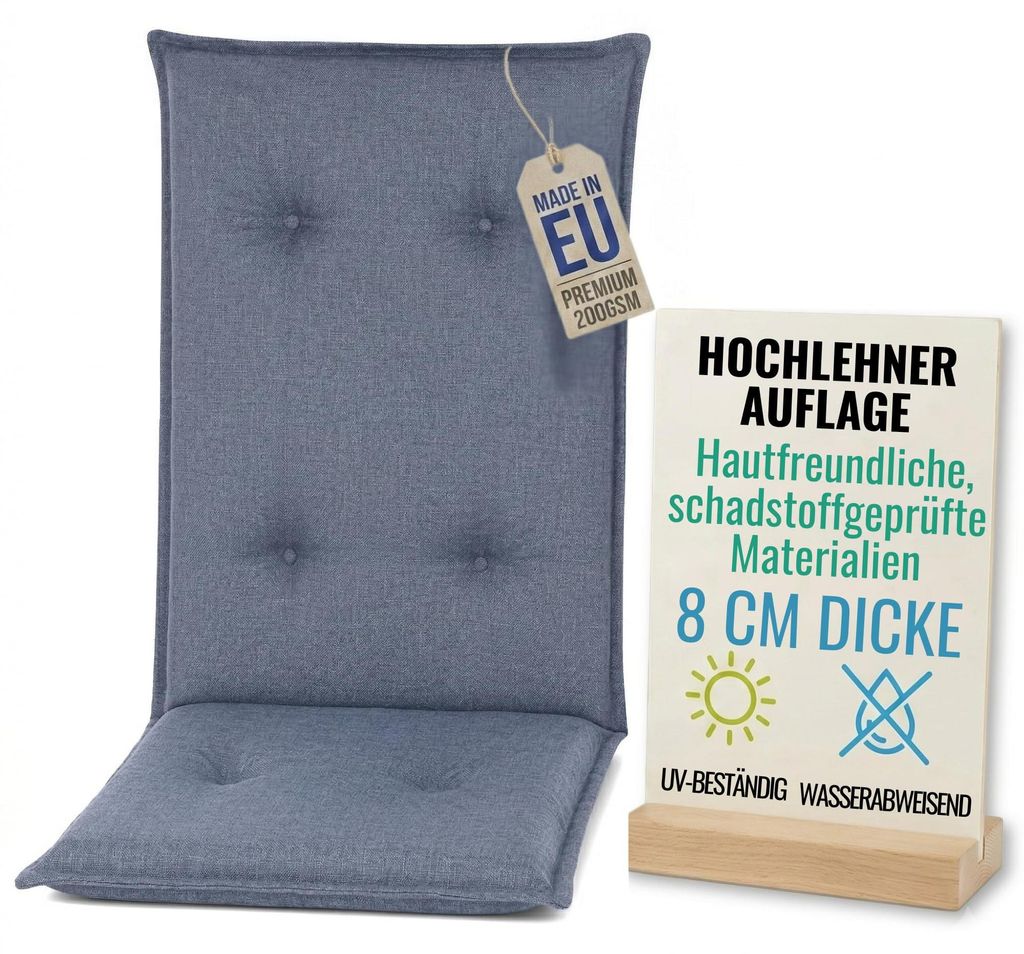 Pillows24 - Hochlehner Auflagen 120x50x8 cm | Gesteppte Wetterfeste Gartenstuhlauflagen | Polster Sitzkissen für Gartenmöbel | EU | Blau