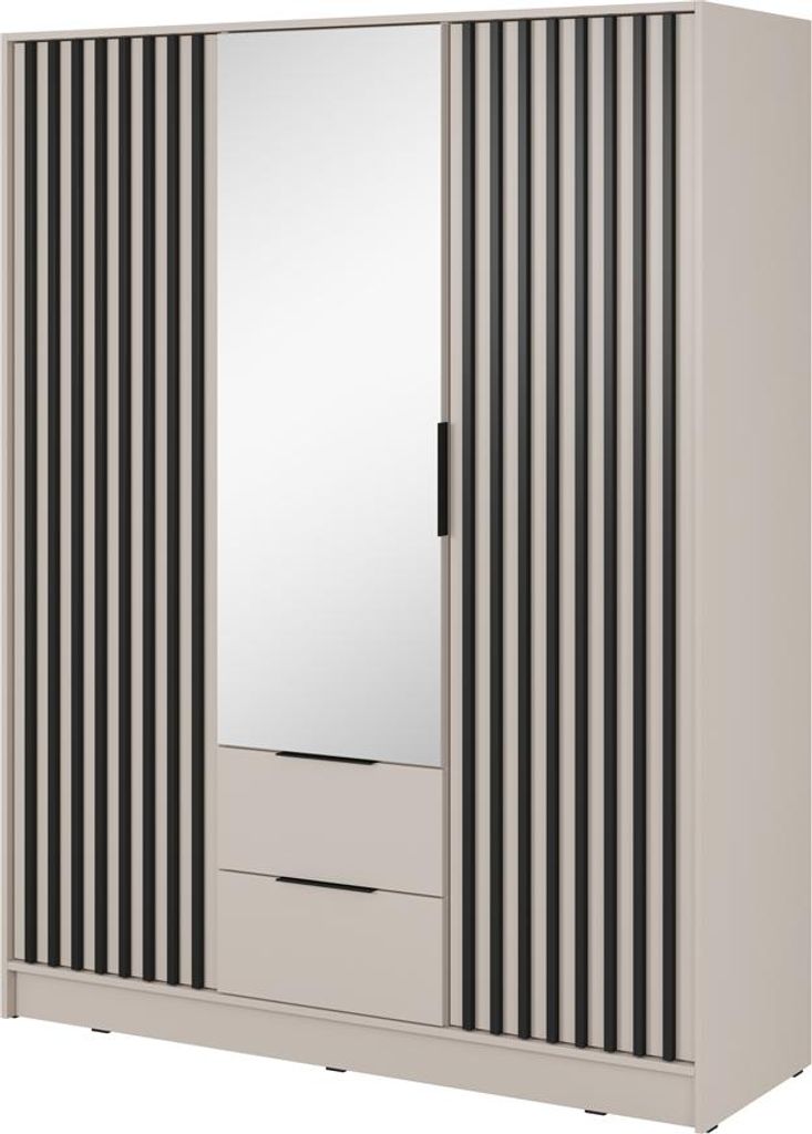 Schlafzimmer Kleiderschrank mit Spiegel, 155 cm Breite, Kaschmir mit Schwarz, Akustikpaneel-Optik, 3-türig - NAMUR-160