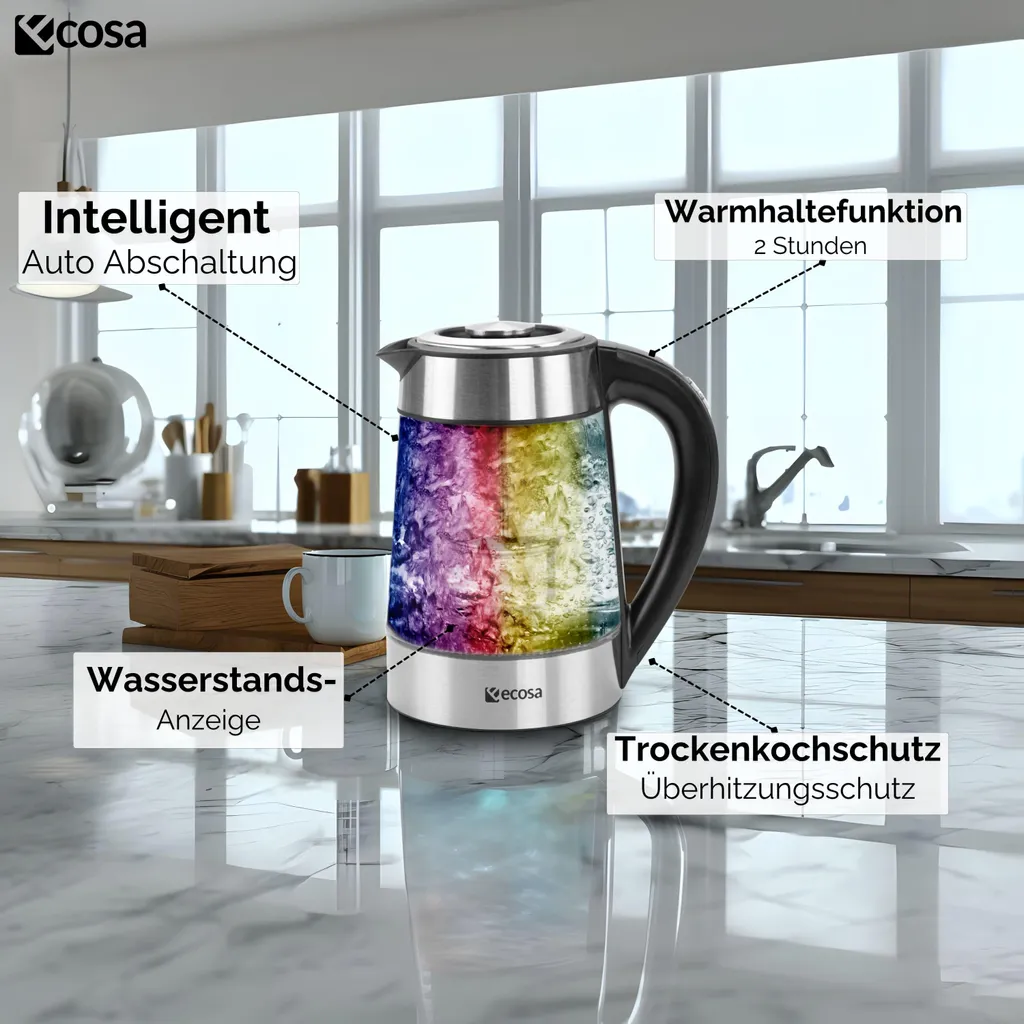 Bouilloire inox et verre 2200W écran LCD avec 5 couleurs LED design - 11