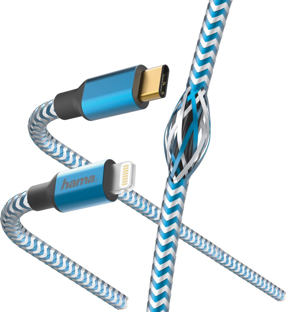 A close-up product shot of a USB-C to Lightning charging cable with a braided design.