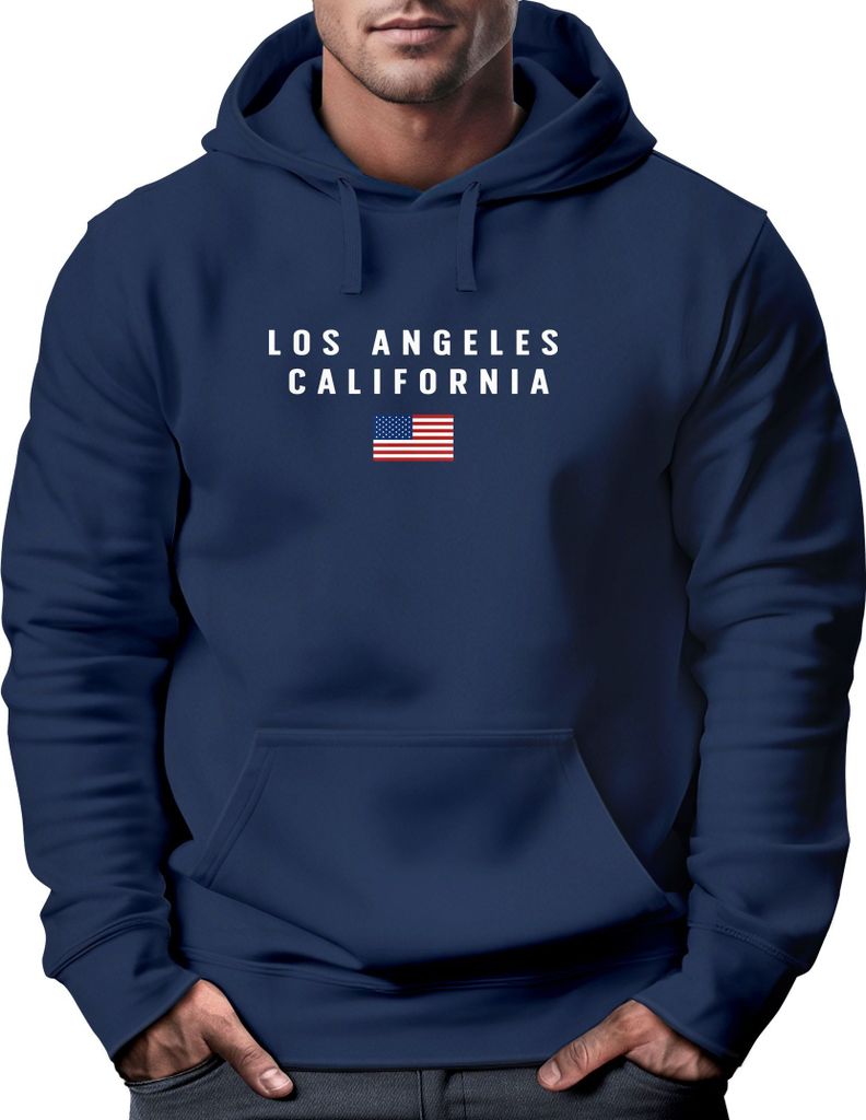 Hoodie Herren Bedruckt Schriftzug California Los Angeles USA Amerika Flagge Fashion Streetstyle Neverless navy 3XL