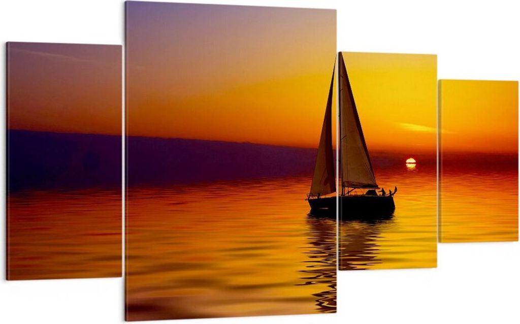 Bild auf Leinwand - Leinwandbild - Boot Sonnenuntergang Landschaft - 160x90cm - Wand Bild - Wanddeko - Leinwanddruck - Bilder - Kunstdruck - Leinwa...