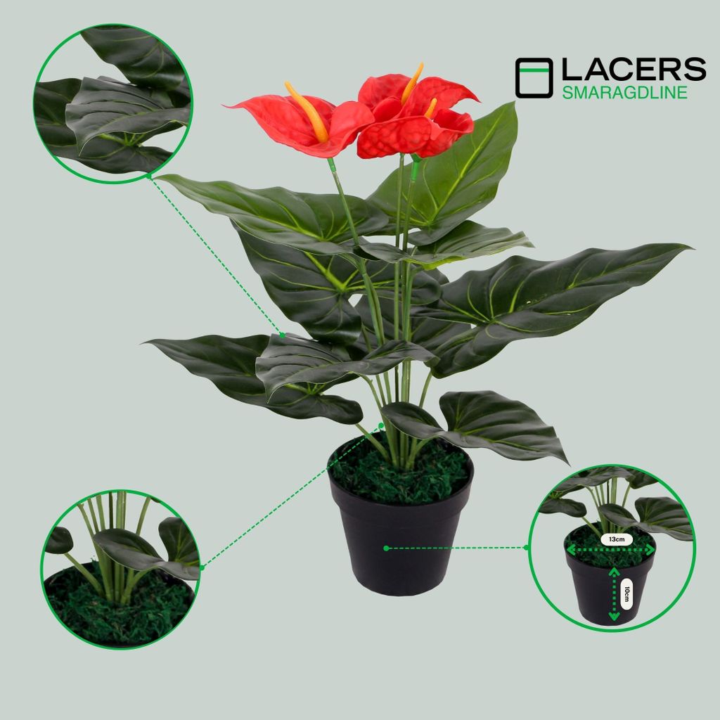 Lacers SMARAGDLINE künstliche Anthuirum Pflanze im Topf 2er Set rot - 45cm- dekorative Pflanze-wie echt wirkende Blätter & Blüten für ihr Zuhause