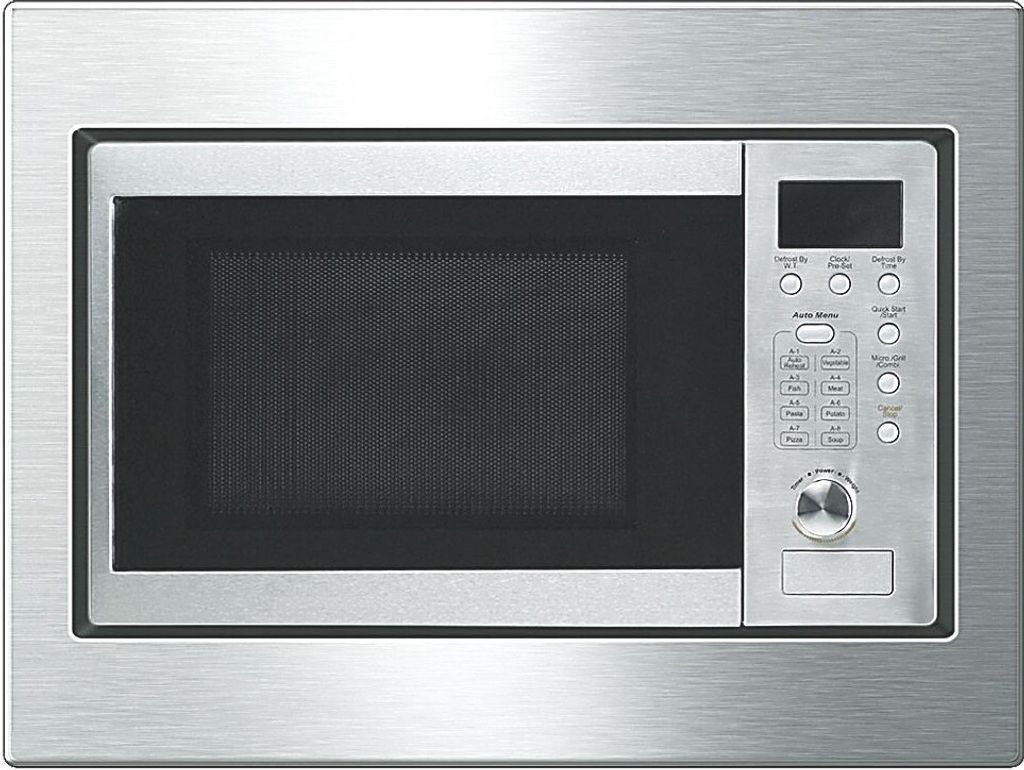 A front view of a built-in stainless steel microwave.