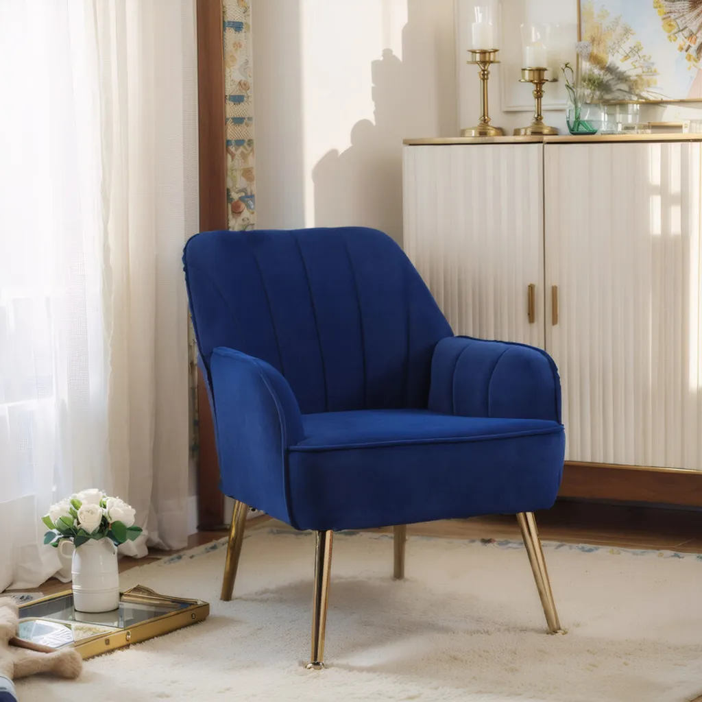 Fauteuil à oreilles rembourré en velours bleu avec surpiqûres design