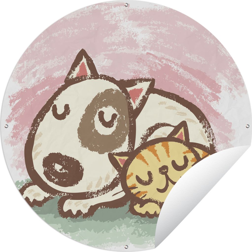 MuchoWow Gartenposter Outdoor-Poster Rund Illustration eines Hundes und einer Katze aus der Kindheit Ø 90 cm Gartendeko Rundes Poster draußen