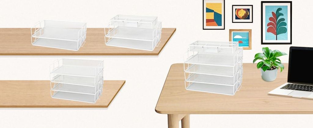 EXERZ 2-lagiger bedrahteter Mesh-Papiersortierer - Accessoirelade - Büroorganisator - Weißer Schreibtisch-Organizer