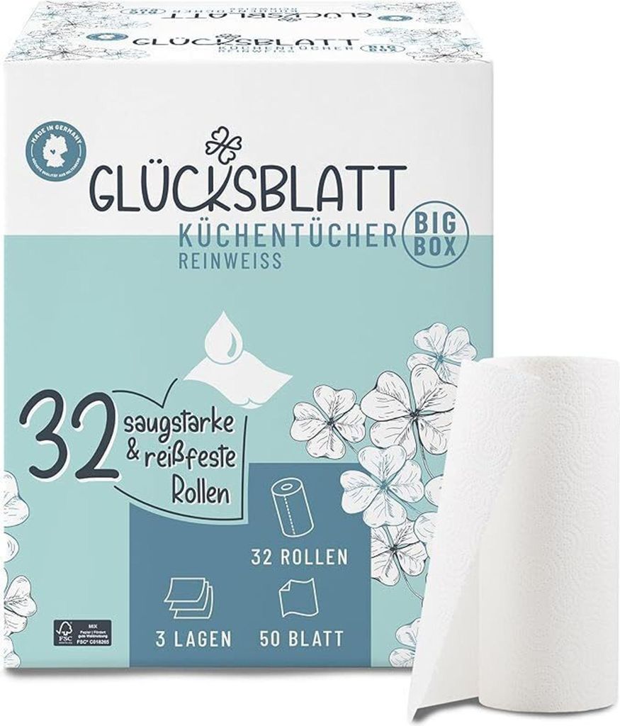 Glücksblatt Küchentücher, 32 Rollen á 50 Blatt, 3-lagige Produktbild 