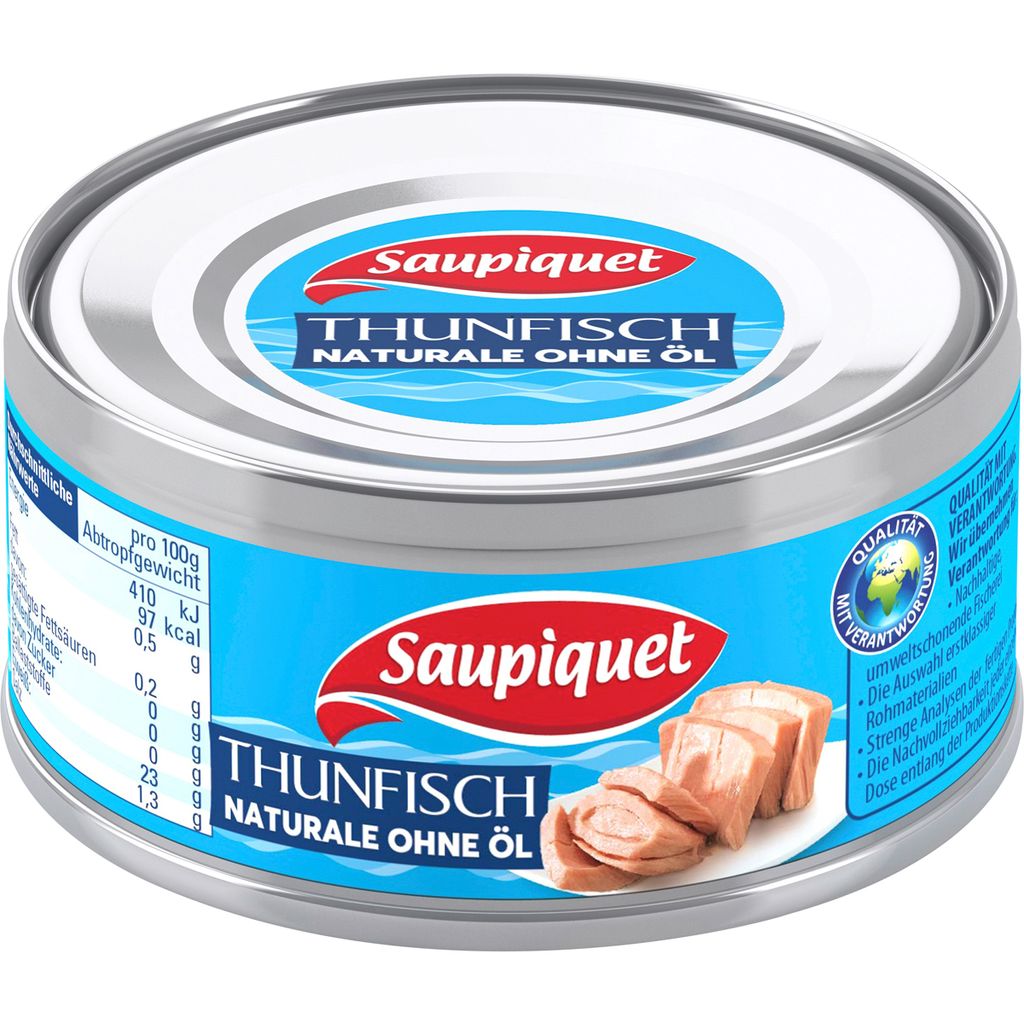 A can of Saupiquet tuna in a studio setting.