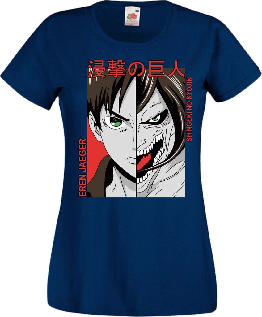 Damen T-Shirt Manga Anime Attack Anime On Titan Eren Jaeger 01 Jaeger, Lady XS / Dunkelblau