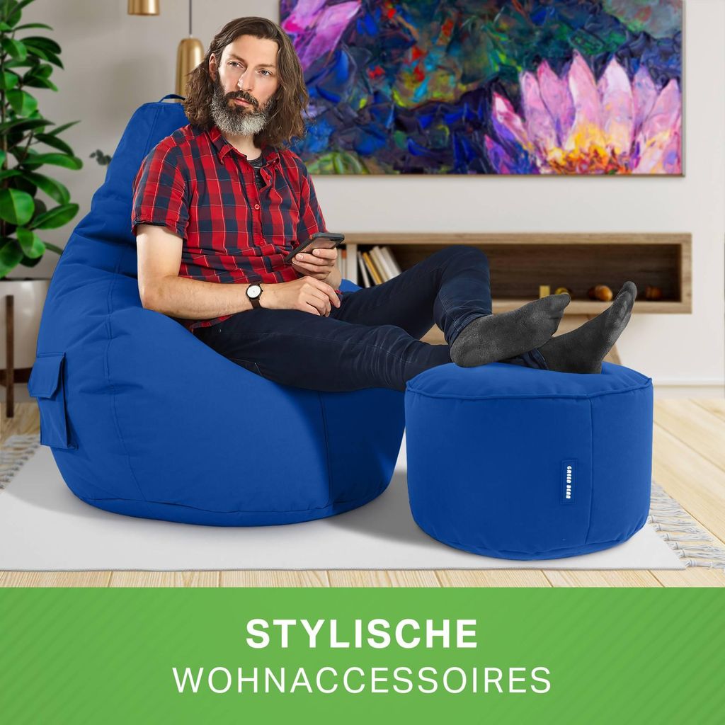 Green Bean Sitzsack mit Rückenlehne + Hocker "Cozy+Stay" 80x70x90cm - Gaming Chair mit 230L EPS Perlen Füllung - Blau