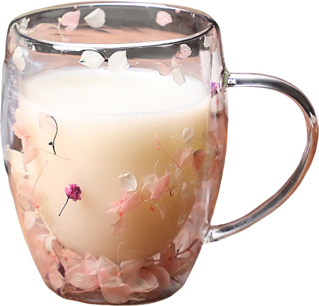 Doppelwandiger Glasbecher mit Blumenmuster, 250 ml/350 ml, transparenter, ästhetischer Trinkbecher mit isoliertem Griff, echte Blumendekoration, d...