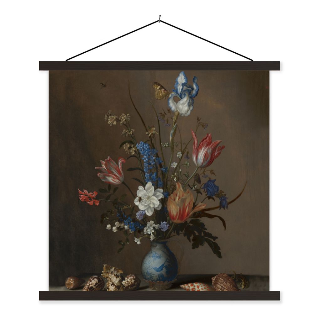MuchoWow Textilposter Blumen in einer Wan-Li-Vase und Muscheln - Gemälde von Balthasar van der Ast 40x40 cm mit schwarzem Rahmen - Fotos