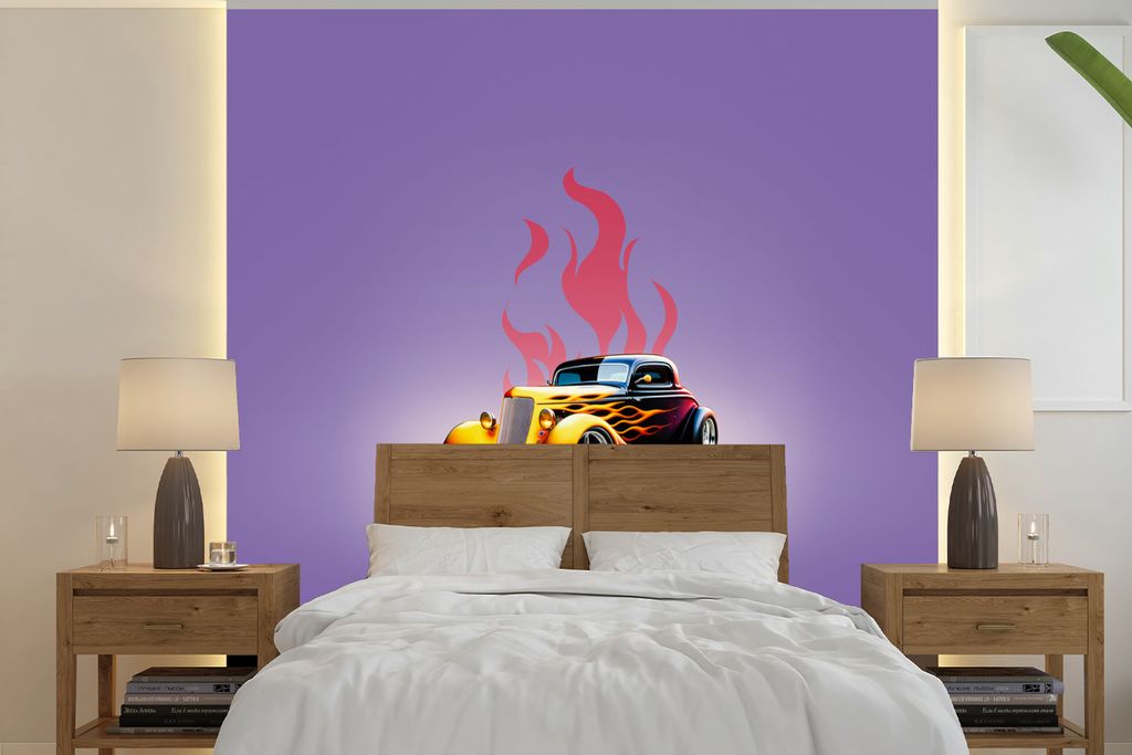 MuchoWow Fototapete für Wohnzimmer oder Schlafzimmer Wandtapete Vinyl Motivtapete Auto - Lila - Flammen - Vintage - 300x300 cm - Wanddekoration