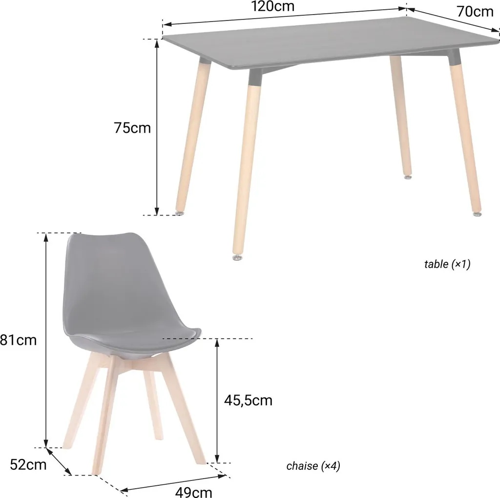 Ensemble table rectangulaire 120cm PIA et 4 chaises NORA noir intense
