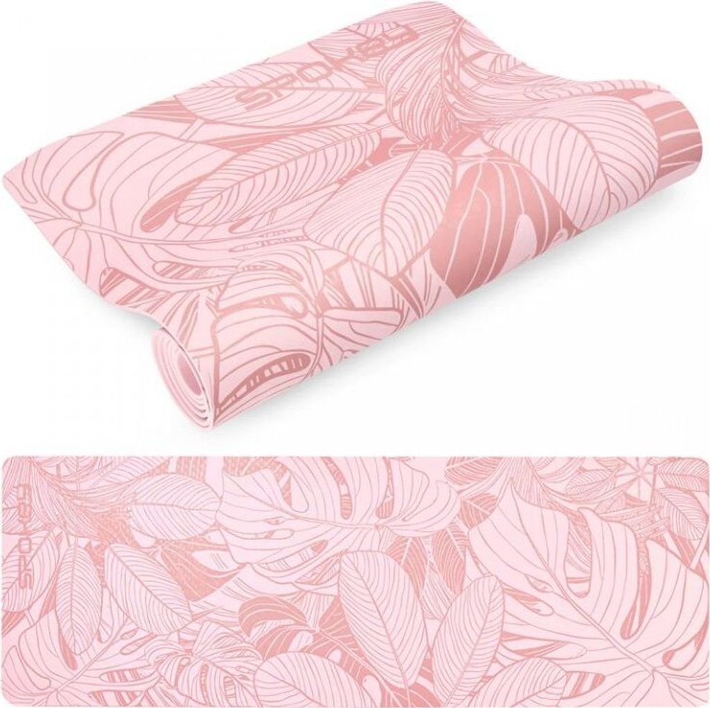 A pink yoga mat with a leaf pattern, shown rolled up and unrolled.