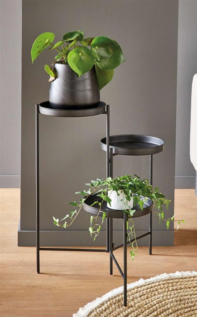 Pflanzenständer "Modern" aus Metall, matt schwarz, für 3 Blumen, 60 cm hoch, klappbar, Blumentreppe
