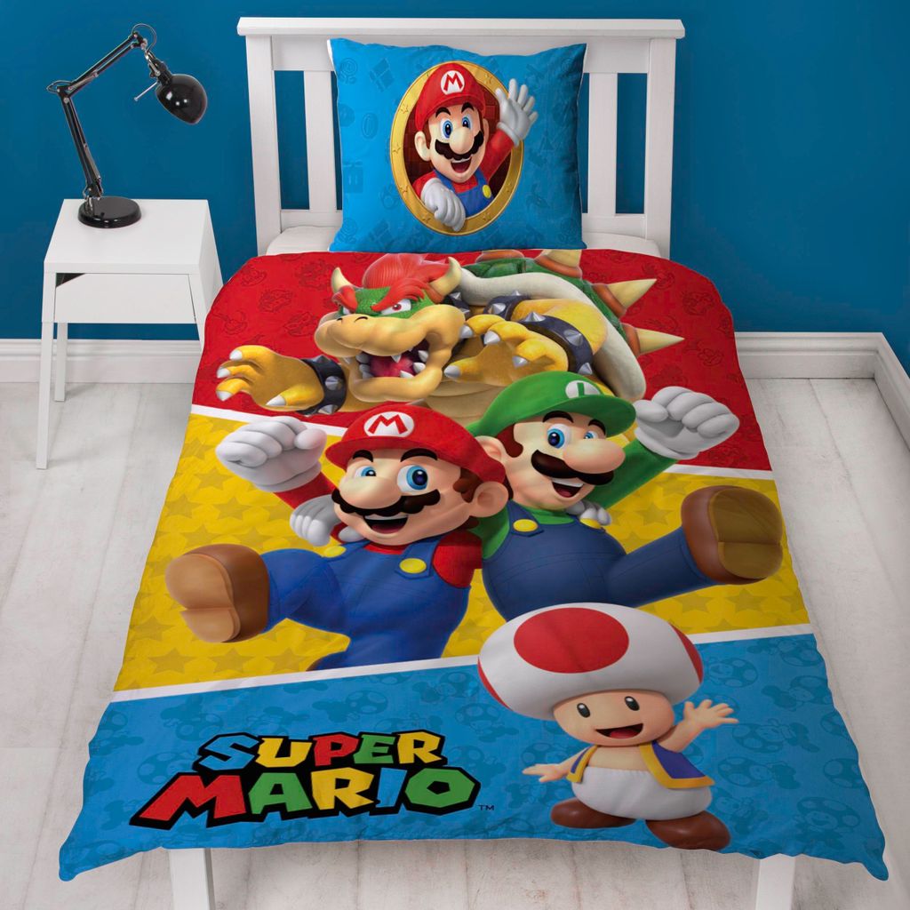 Super Mario Bettwäsche Set 2-teilig Motiv Splitter - Deckenbezug 135x200 Kissenbezug 80x80 cm - Microfaser Kinderbettwäsche mit Reißverschluss