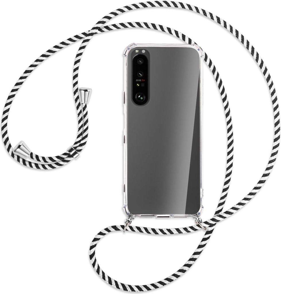Handykette Backcover-Schutzhülle mit Band (Metall silberfarben) für Sony Xperia 1 III - schwarz/weiß gestreift