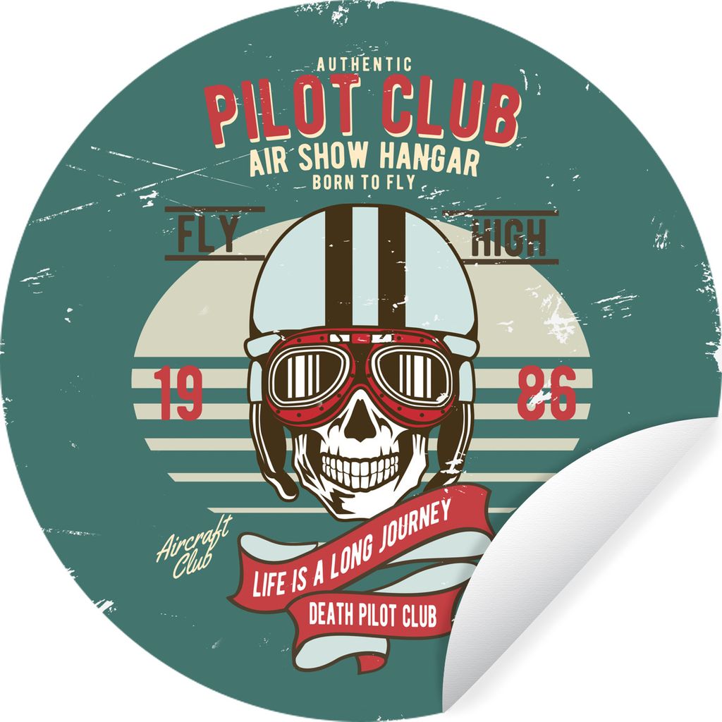 MuchoWow Runde Wandtattoo - Wandsticker Tapete Aufkleber Totenkopf - Helm - Pilot - Retro Ø 80 cm Selbstklebend und Repositionierbar - Wandaufkl...