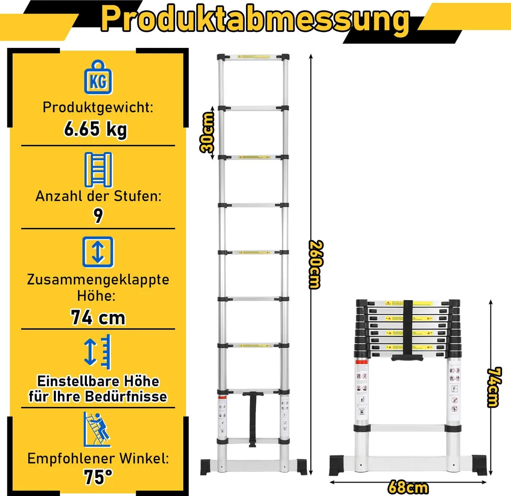 Échelle Extensible 2,6M Multi-usages Pliante pour Maison et Chantier - 2
