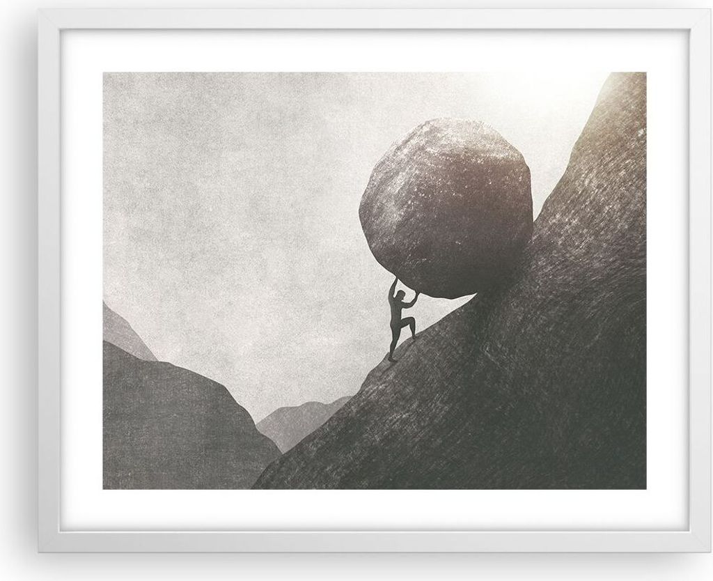 Gerahmtes Poster - Weißer Rahmen - Sisyphus Arbeit Stein - 50x40 cm - Wand Bild - Wanddeko - Wandbilder - Kunstposter - Wandposter - Bilderrahmen ...