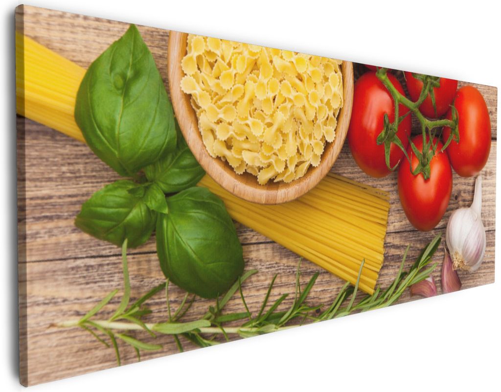 Wallario Premium Leinwandbild Spaghetti mit Tomaten, Knoblauch und Basilikum in Größe 50 x 125 cm