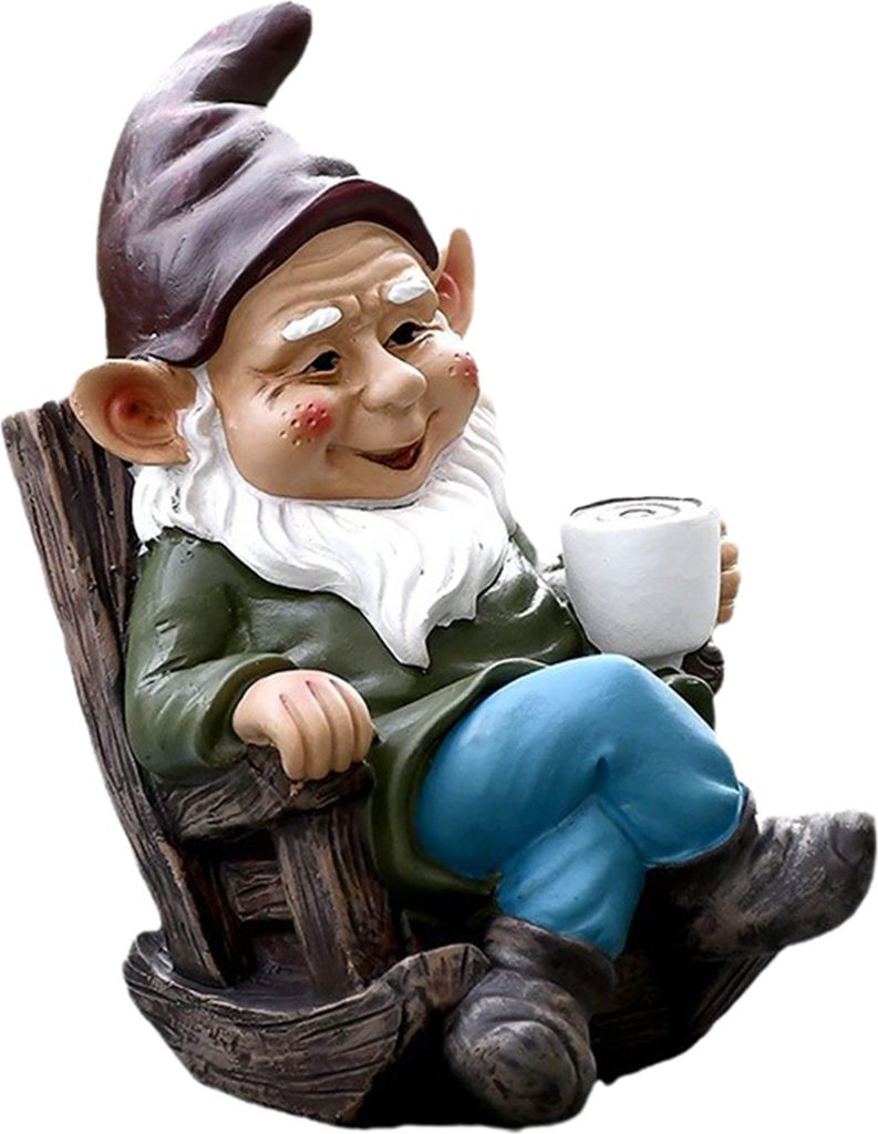 Schaukelstuhl-Gnomfigur aus Kunstharz mit Kaffee, Zwerg-Elf-Statue, Skulptur für drinnen und draußen, Garten, Terrasse, Hof, Rasen, Dekoration, O...