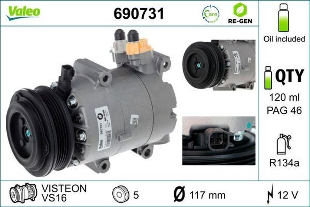 VALEO 690731 VS16 Klimaanlage Klimakompressor PAG 46 R134a für FORD FOCUS III Turnier FOCUS III FOCUS III Stufenheck FOCUS III Kasten/Schrägheck