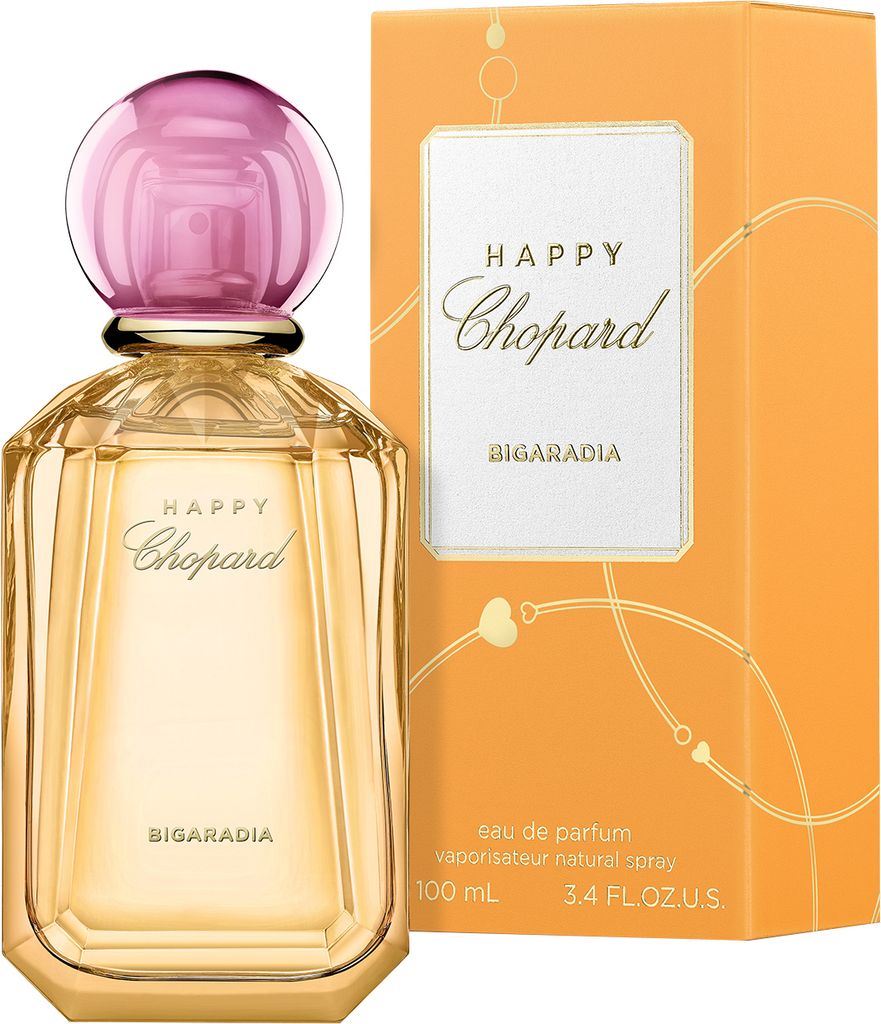 A bottle of Chopard Happy Chopard Bigaradia Eau de Parfum and its packaging are displayed against a white background.