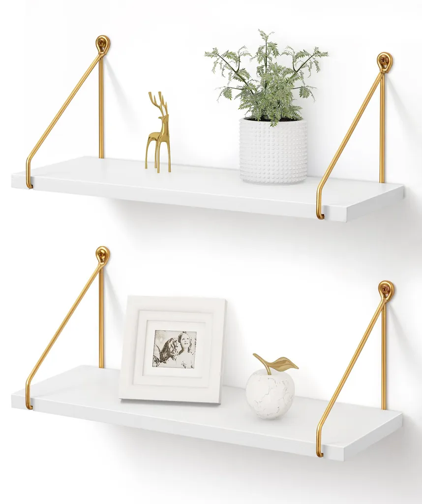 Étagère murale bois blanc et métal doré moderne pour cuisine et salon