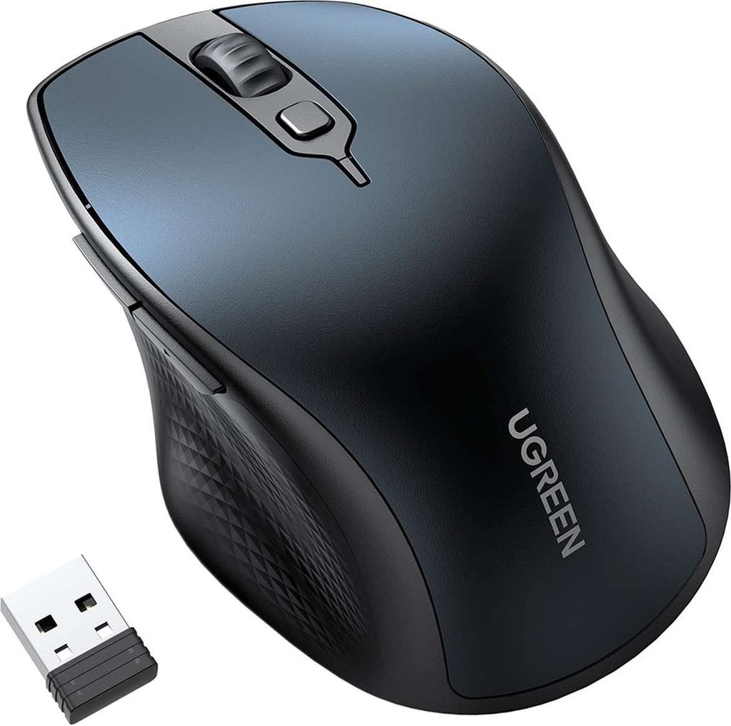 A wireless computer mouse and its USB receiver are shown on a white background.