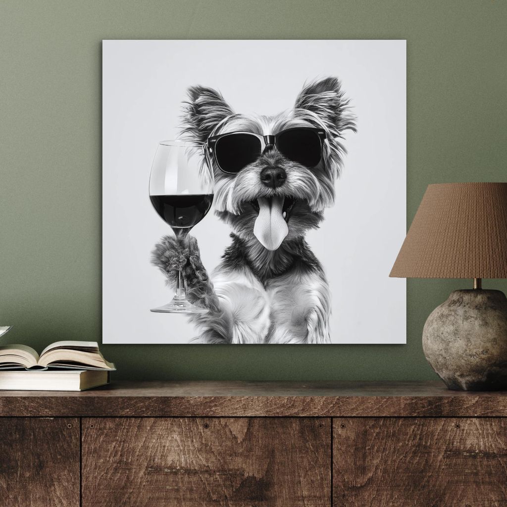 MuchoWow Wanddekoration Metall Metallbild Wandkunst 50x50 cm Hund - Weinglas - Sonnenbrille - Enthusiastisch MuchoWow Aluminium Gemälde - Alubild ...
