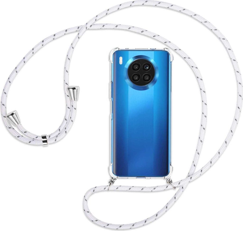 Handykette Backcover-Schutzhülle mit Band (Metall silberfarben) für Huawei nova 8i / Honor 50 Lite - weiß/grau