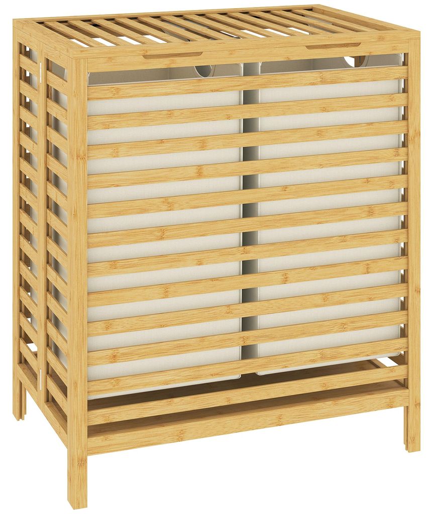 Bambus-Wäschekorb mit Deckel, 2 Körbe, faltbar, 64L, Natur und Cremeweiß