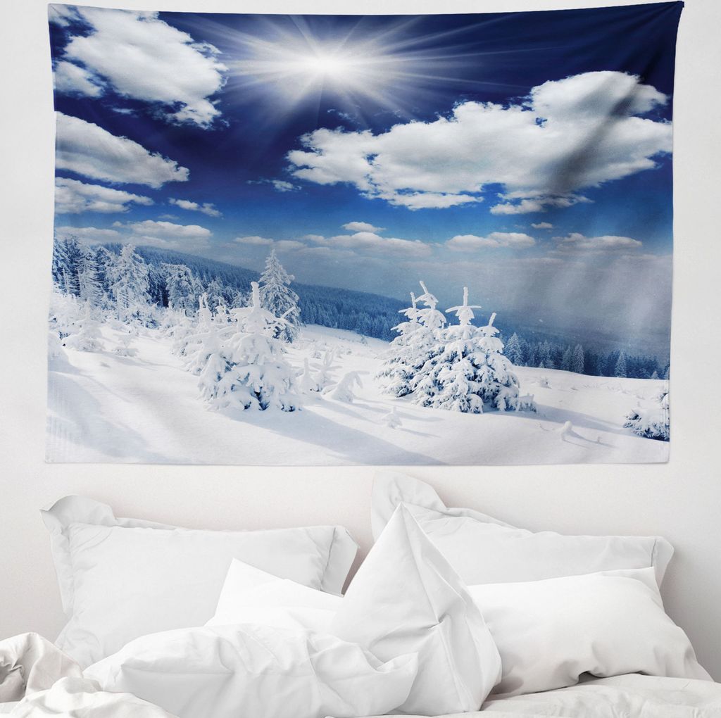 ABAKUHAUS Weiß Wandteppich, Schnee bedeckte Bäume aus Weiches Mikrofaser Stoff Waschbar ohne Verblassen Digitaldruck, 150 x 110 cm, Blau Weiss
