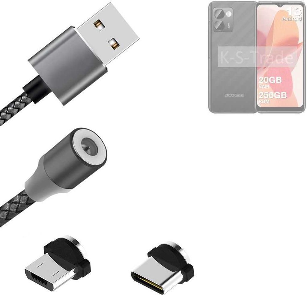 K-S-Trade Hochwertiges Magnet-Lade-kabel Sync-Kabel Daten-Kabel für Doogee N50 Pro mit USB-Typ-C-Anschluss und Micro-USB-Anschluss 2A bis zu 480mbps