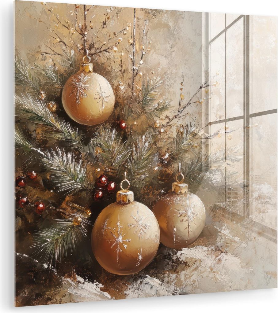 MuchoWow Glasbilder - Bilder auf Wandbild - Foto auf Glas Weihnachten - Kugeln - Beige - Gold 20x20 cm Wanddekoration aus Glas - Acrylglasbild - Ac...