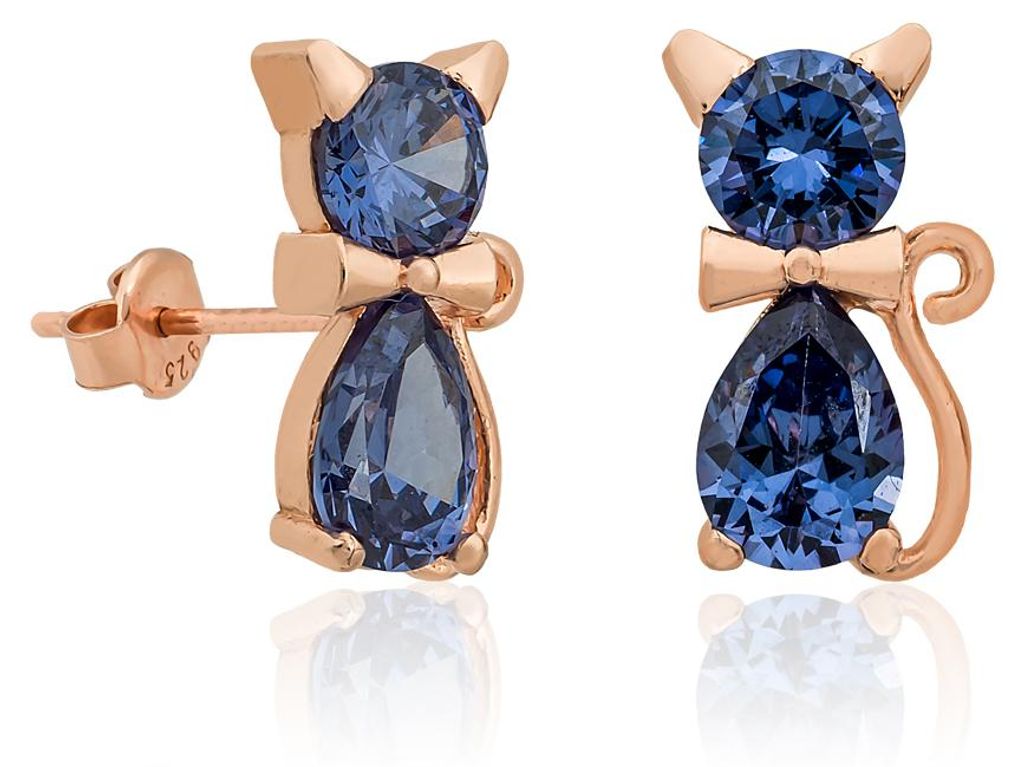 925 Silber Katzen Ohrringe – Damen Ohrstecker Rosegold mit Tanzanit Edelsteinen