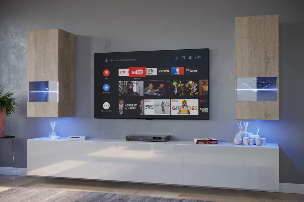 Furnitech Wohnwand Wohnzimmer - Wohnzimmer Möbel mit LED Weiß - Wohnzimmer Schrankwand(Sezana AN21-18SW-HGM9 1B)