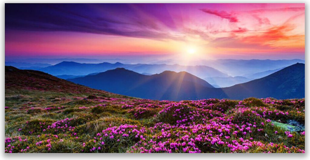 Glasbilder 120x60 Wandbild Druck auf Glas Gebirge Wiese Sonne Landschaft