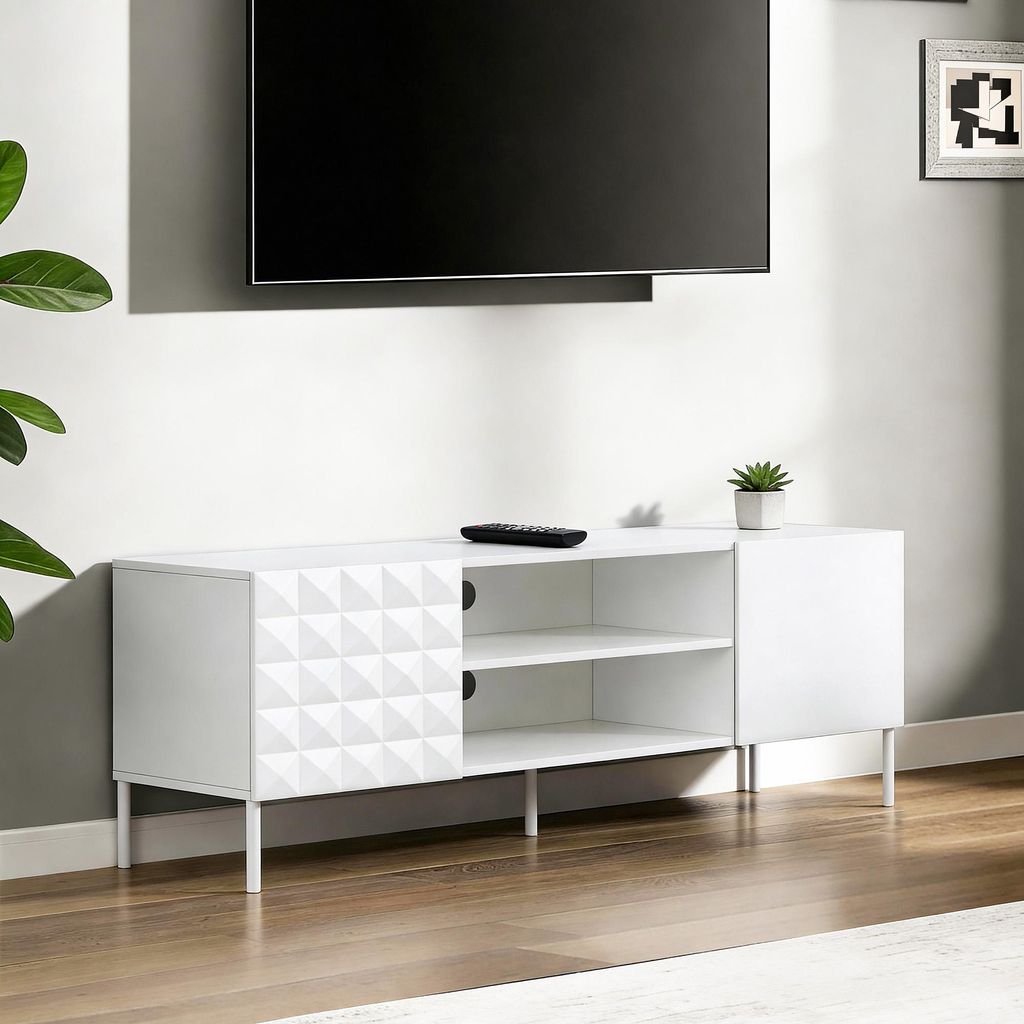 TV-Lowboard mit Diamantmuster, Türen, offenen Fächern und Schubladen, B140 x T40 x H50 cm
