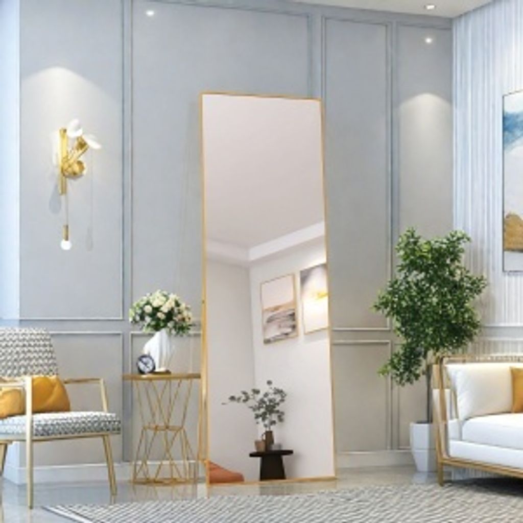 Rechteckig Ganzkörperspiegel, 162 x 53 cm Großer Standspiegel, Groß Wandspiegel mit Gold Aluminium Rahmen, Hängend, Stehend, Kippbar, für Wohn...