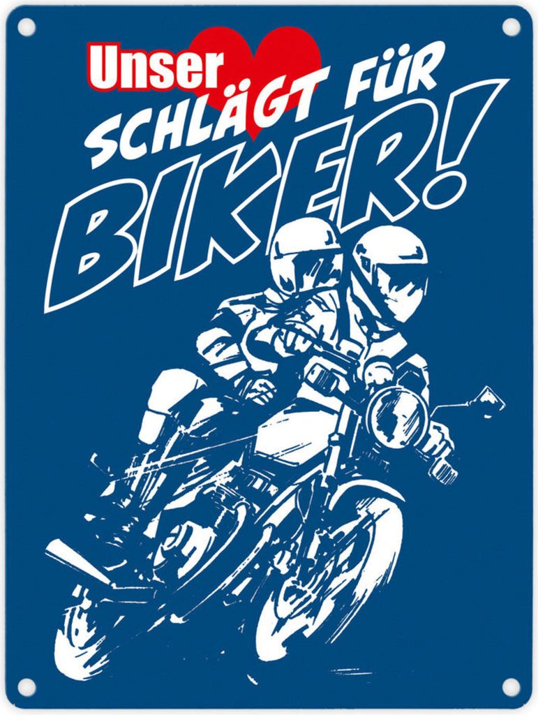 Metallschild in 15x20 cm mit Motorrad in blau Unser Herz schlägt für Biker