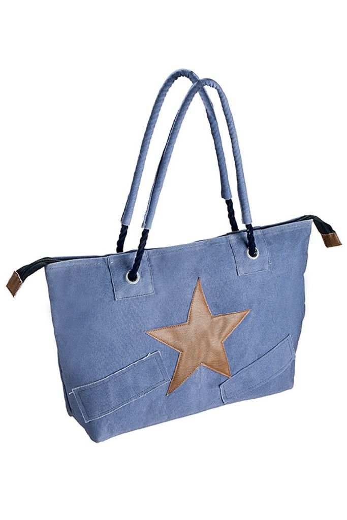 Gilde Tasche mit Stern und Applikationen blau, braunmit Kordelgriff und ReissverschlussMaterial: 85% Leinen, 10% Kunstleder,5% MetallBreite 49,0 cm...