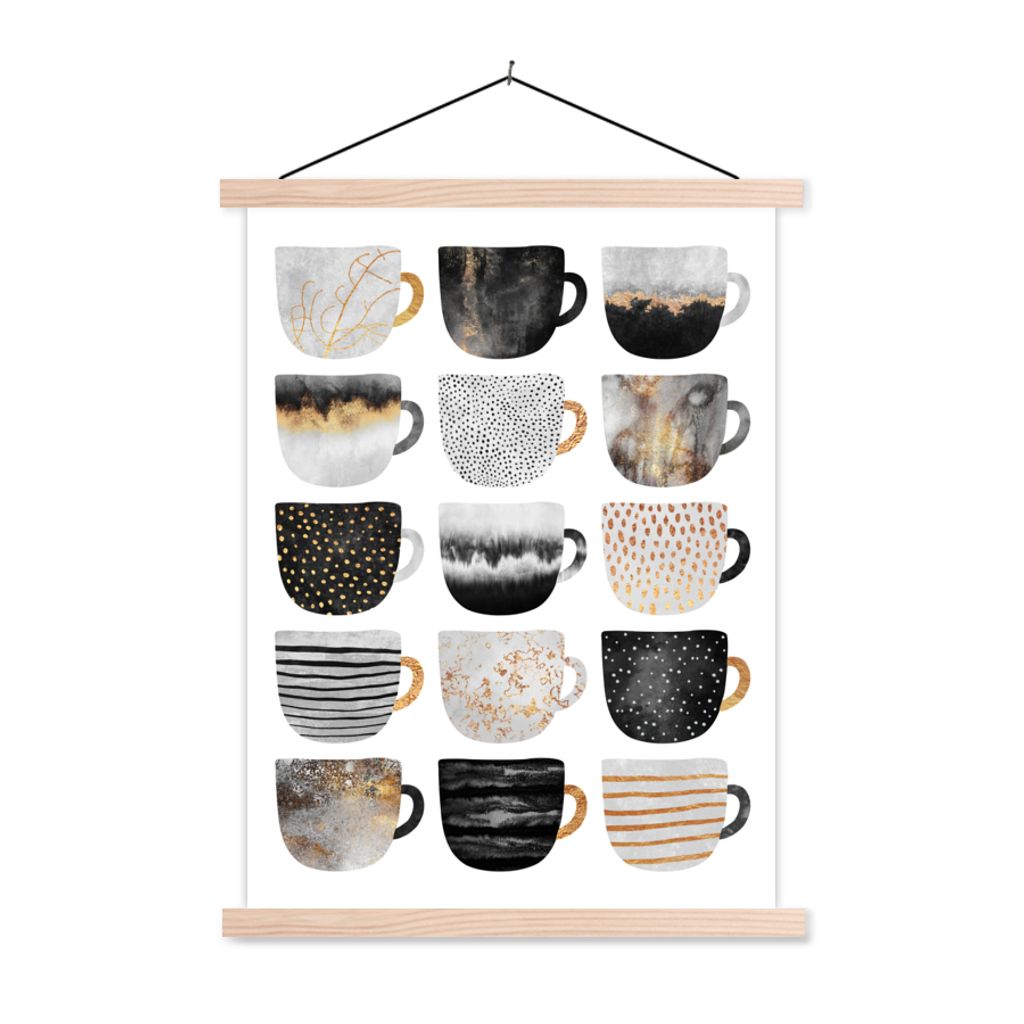 MuchoWow Textilposter Kaffeetassen - Abstrakt - Muster 40x53 cm mit holzfarbenen Rahmen - Schlafzimmer