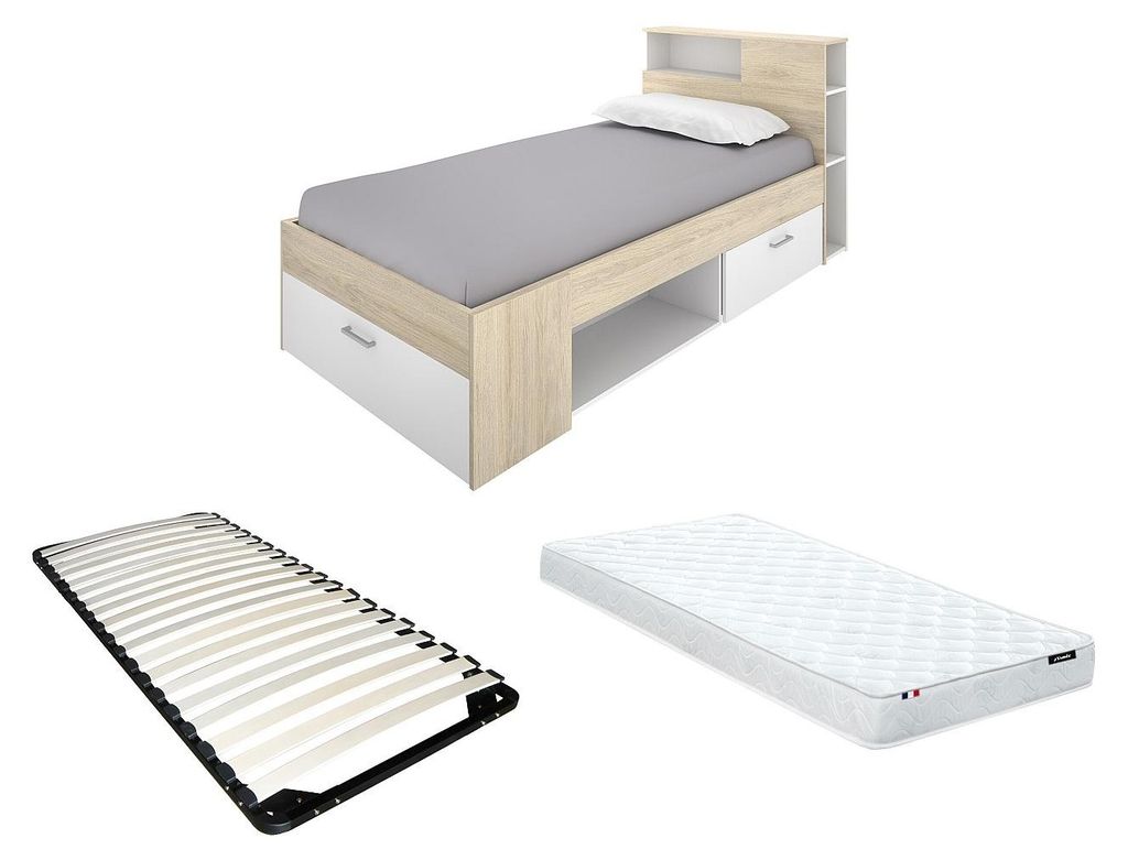LEANDRE Bett mit Kopfteil, mit Kommode und Schublade - 90 × 190 cm - weiß und natur, inklusive Matratze und Rahmen
