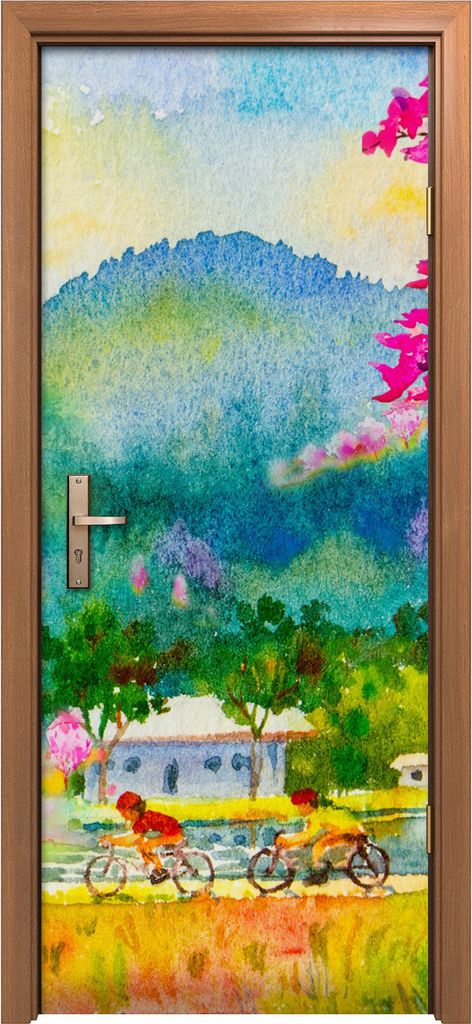 Türposter 80x200 cm Türaufkleber Türtapete Türfolie Klebefolie Blume rosa Fahrräder Kind Dorf Wiese