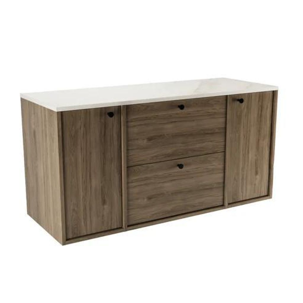 WENA Waschtischunterschrank 2 Türen 2 Schubladen 120 cm, gerade Fronten, Griffe aus Metall in der Farbe Schwarz (Farbe: Walnuss Dunkel/Marmor Weiß)