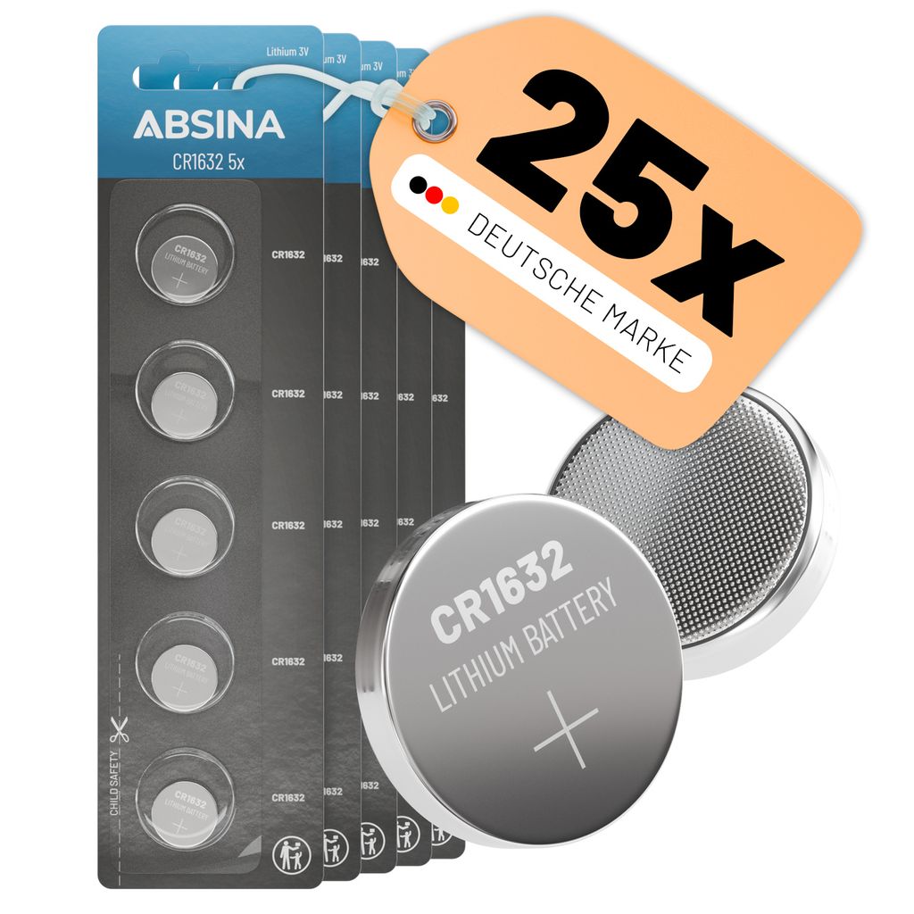 ABSINA CR1632 3V Lithium Knopfzelle 5x 5er Pack - Batterien CR 1632 - 1632 Knopfzelle für Autoschlüssel, Uhr uvm